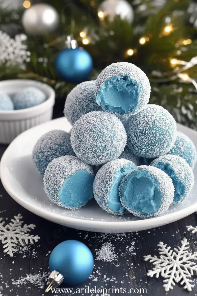Blue Christmas Truffles rolled in sparkling sugar on a plate.