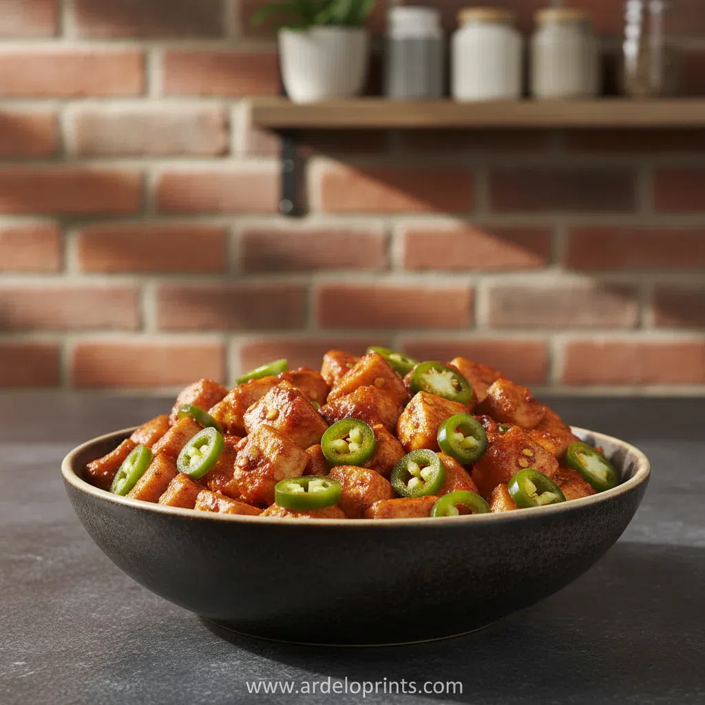 Spicy jalapeno chicken stir-fry served in a bowl over rice.
