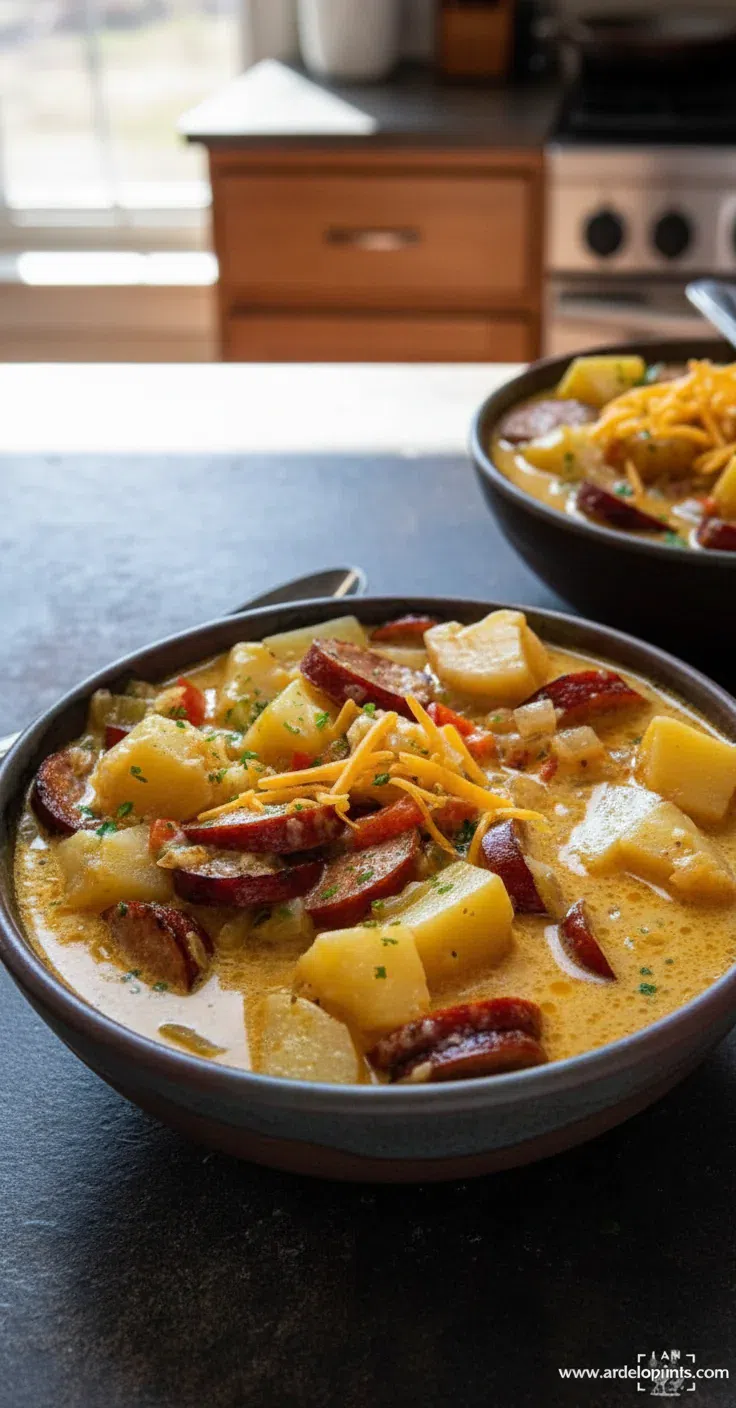 A bowl of creamy Cajun Potato Soup Recipe topped with cheese and green onions.