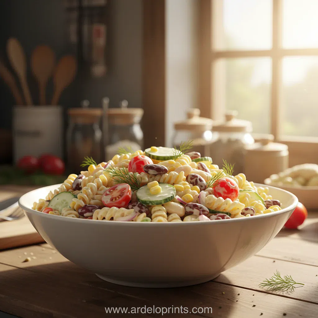 A large bowl of creamy pasta salad with fresh vegetables and herbs.
