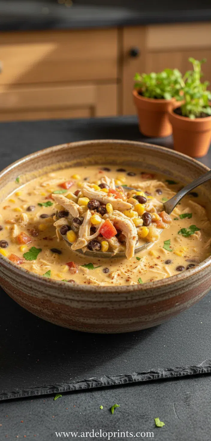 A warm bowl of easy Chicken Taco Soup topped with cheese and avocado.
