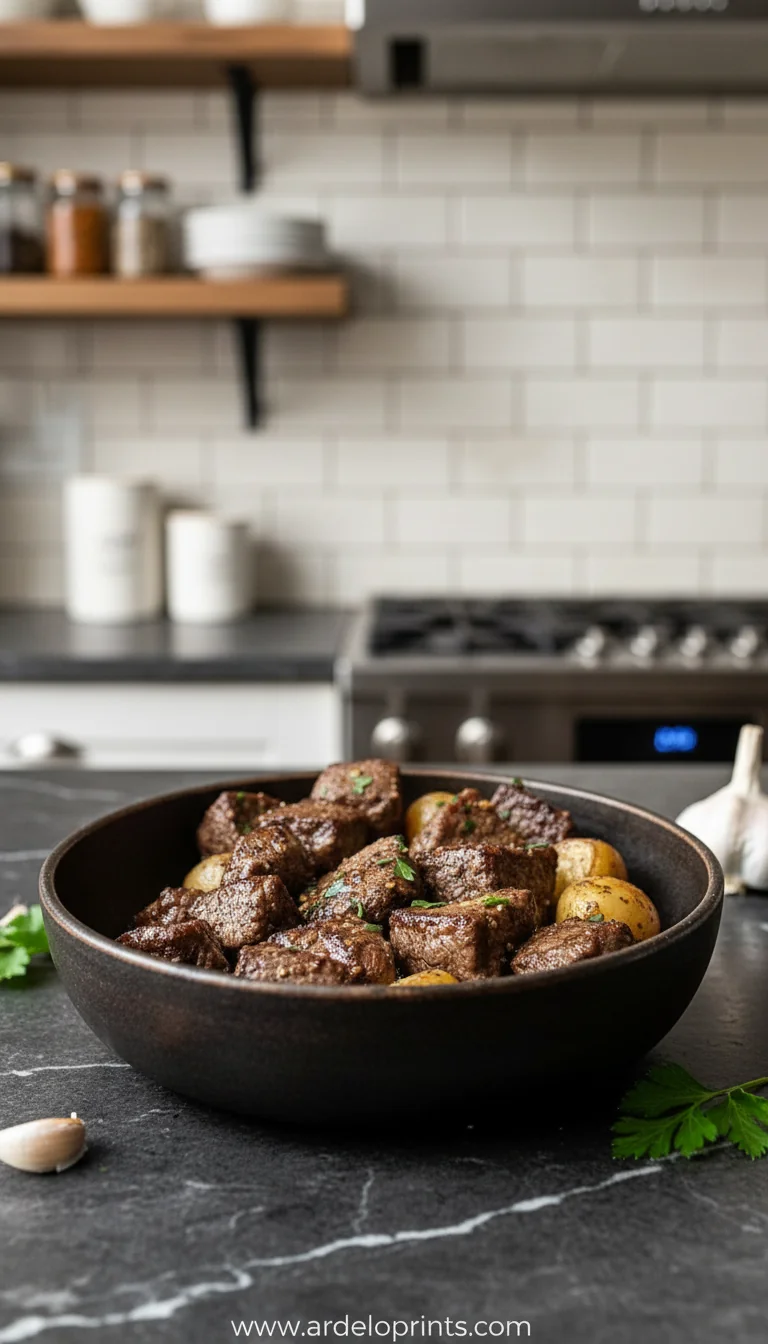 Crockpot Garlic Butter Steak Bites Recipe - feature image