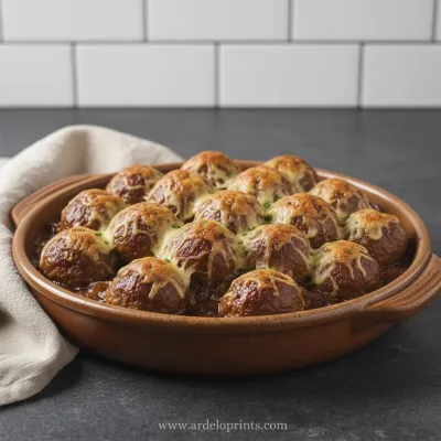 Crockpot French Onion Meatballs in a savory sauce topped with melted cheese.