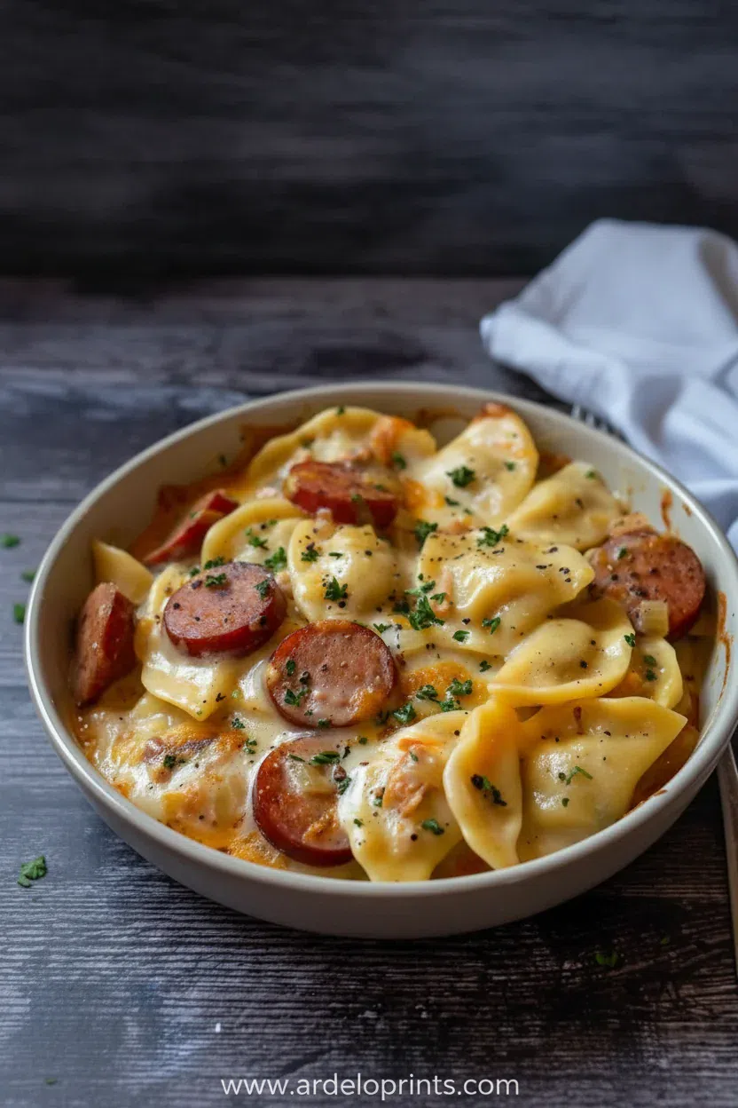 A comforting crockpot pierogi casserole with beef sausage, topped with melted cheddar cheese.