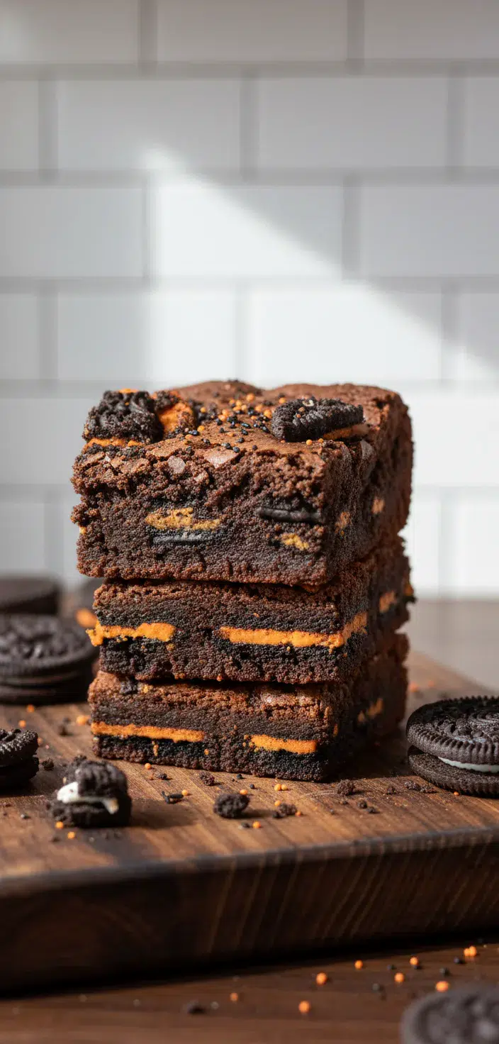 Decadent Halloween Oreo Brownies topped with chocolate ganache and spooky edible decorations