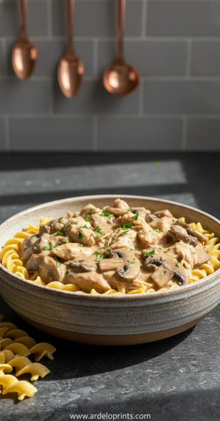 A warm bowl of creamy Crockpot Chicken Stroganoff served over egg noodles.