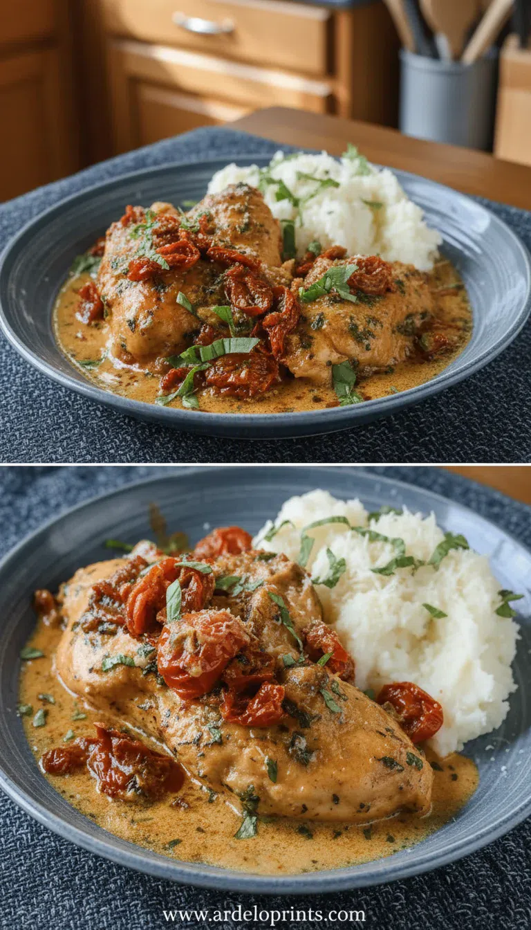 Easy Crockpot Marry Me Chicken in a slow cooker with a creamy sun-dried tomato sauce.
