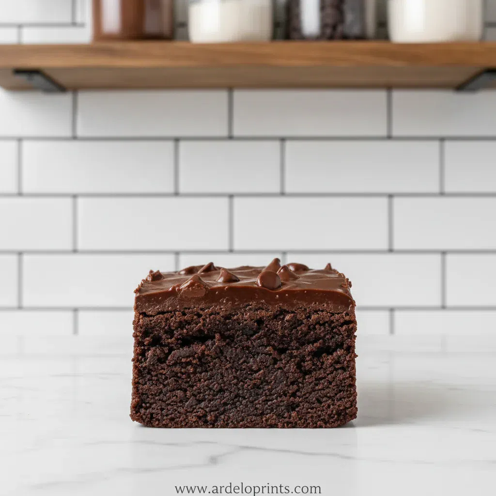 A square of a low calorie brownie on a small plate.