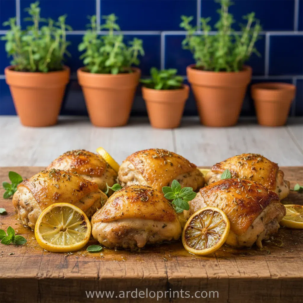 Golden brown Greek Lemon Chicken thighs with fresh herbs.