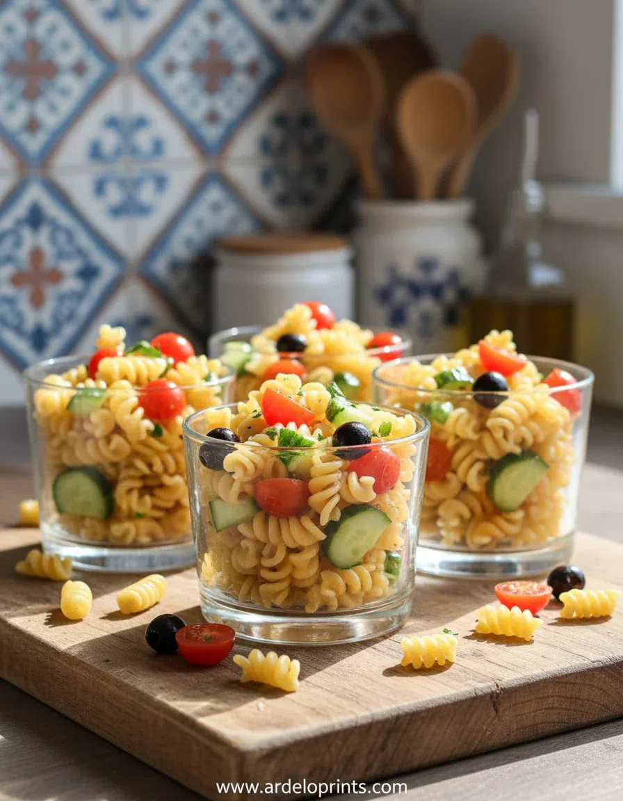 Pasta Salad Cups Recipe with fresh vegetables in a crispy wonton shell.