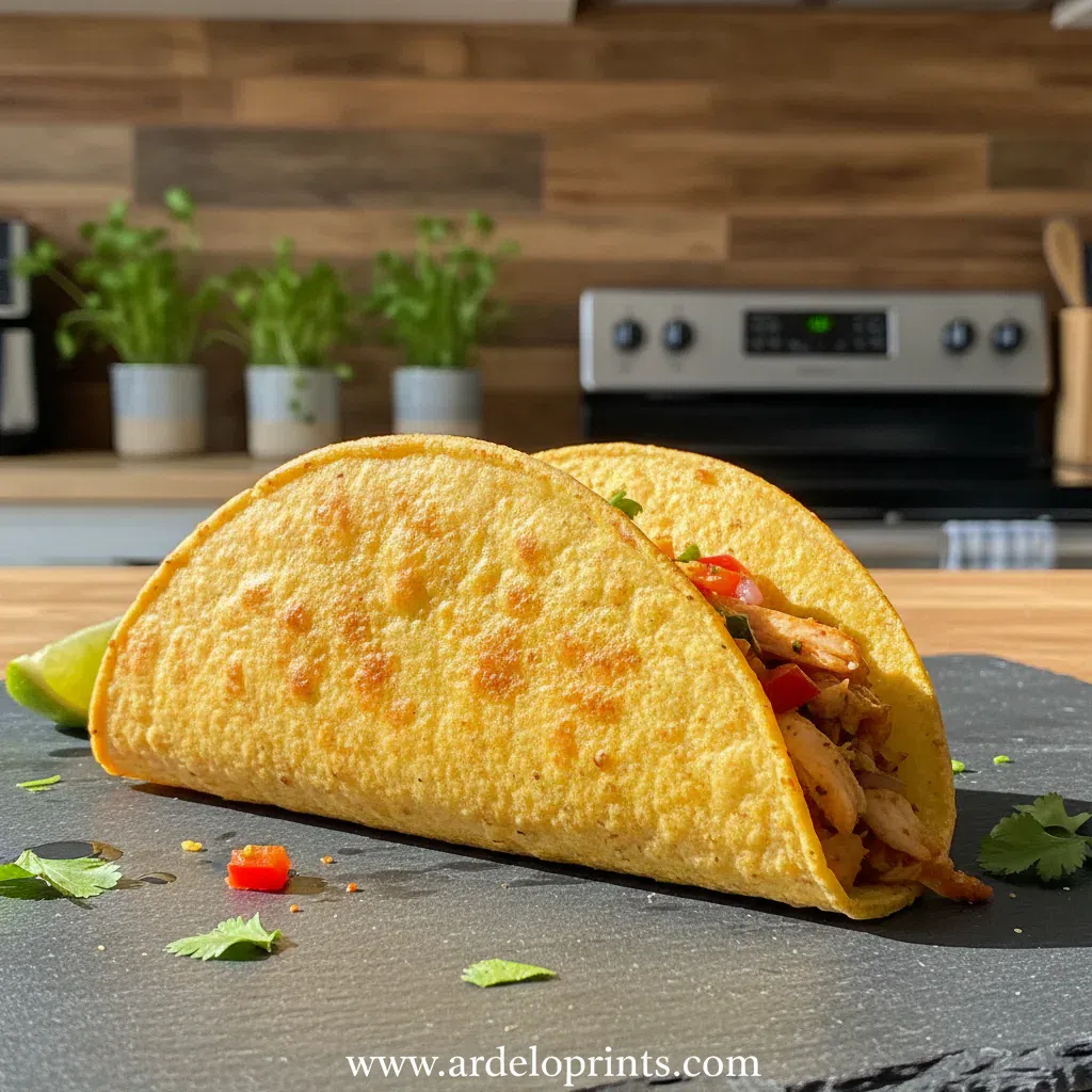 Healthy and easy baked chicken tacos arranged on a serving platter.