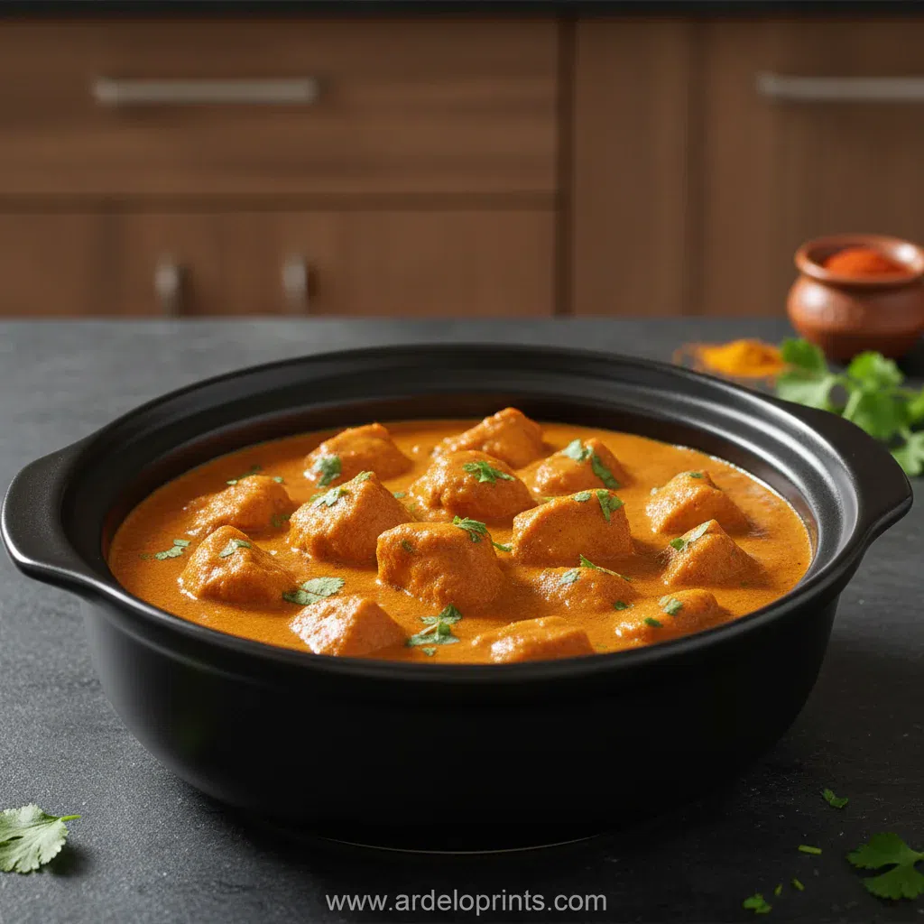A cozy bowl of Crockpot Butter Chicken served with fresh naan bread.
