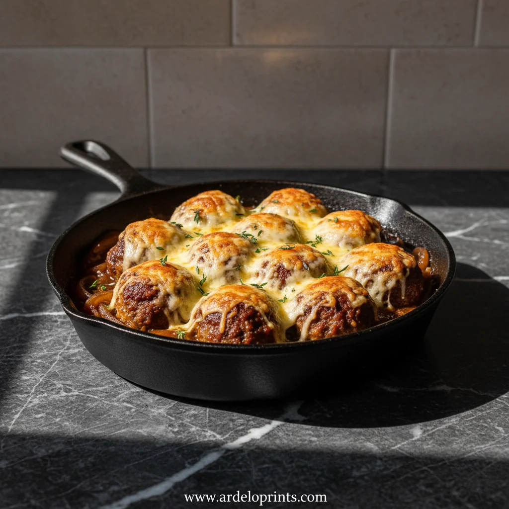 Cheesy French Onion Meatballs Recipe - feature image