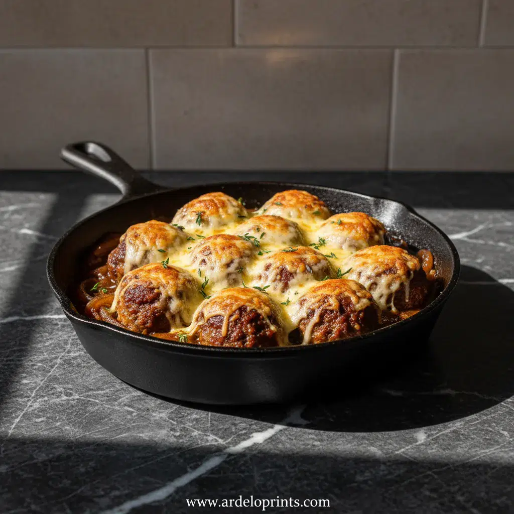 Cheesy French Onion Meatballs Recipe - feature image