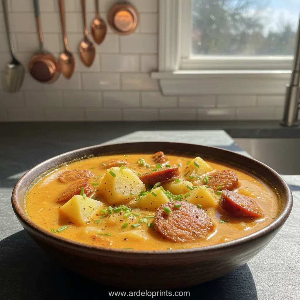 A warm bowl of Slow Cooker Cajun Potato Soup with sausage and green onions.
