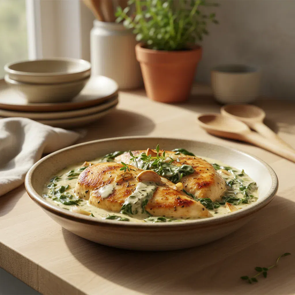 Creamy Spinach Garlic Chicken served with a rich, white sauce and fresh parsley