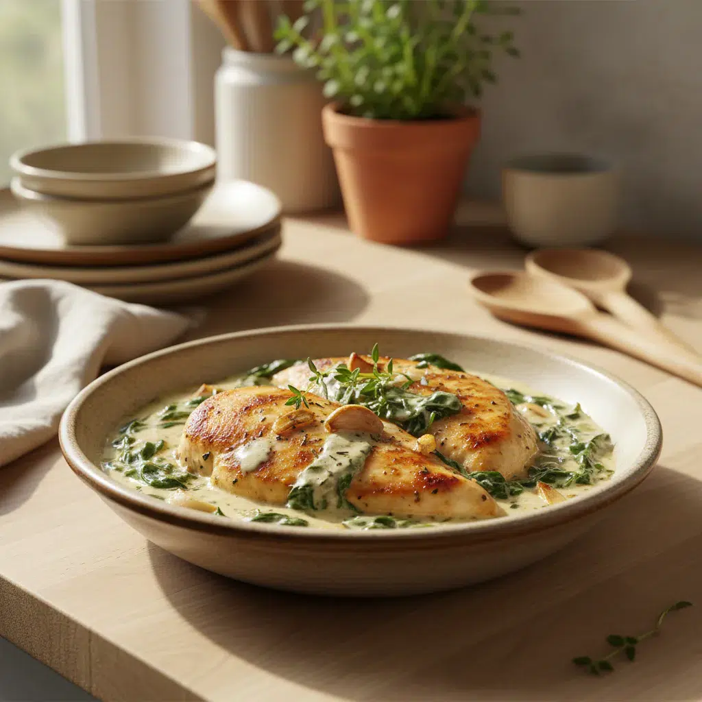 Creamy Spinach Garlic Chicken Recipe - feature image
