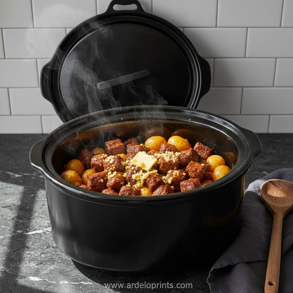 Slow Cooker Garlic Butter Beef Bites Recipe - feature image