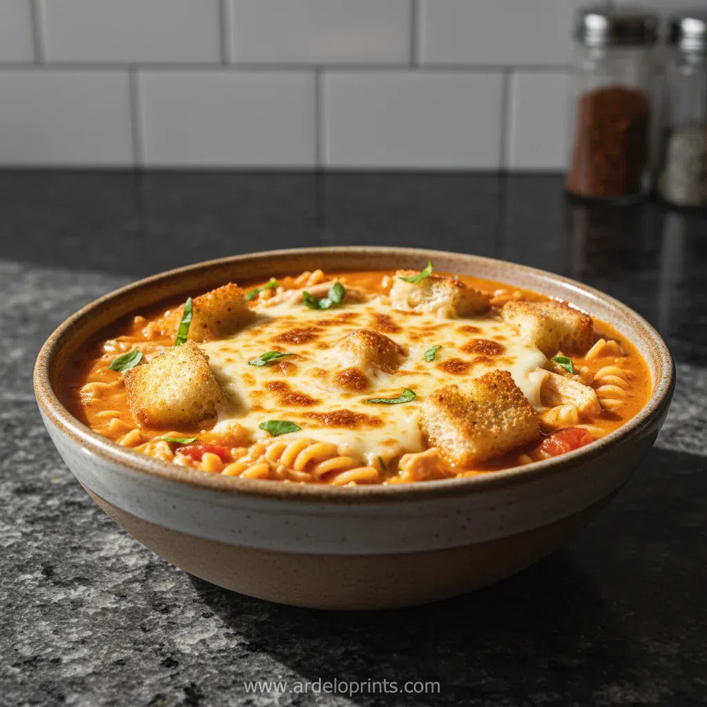 A warm bowl of Crock Pot Chicken Parmesan Soup with croutons and fresh basil.