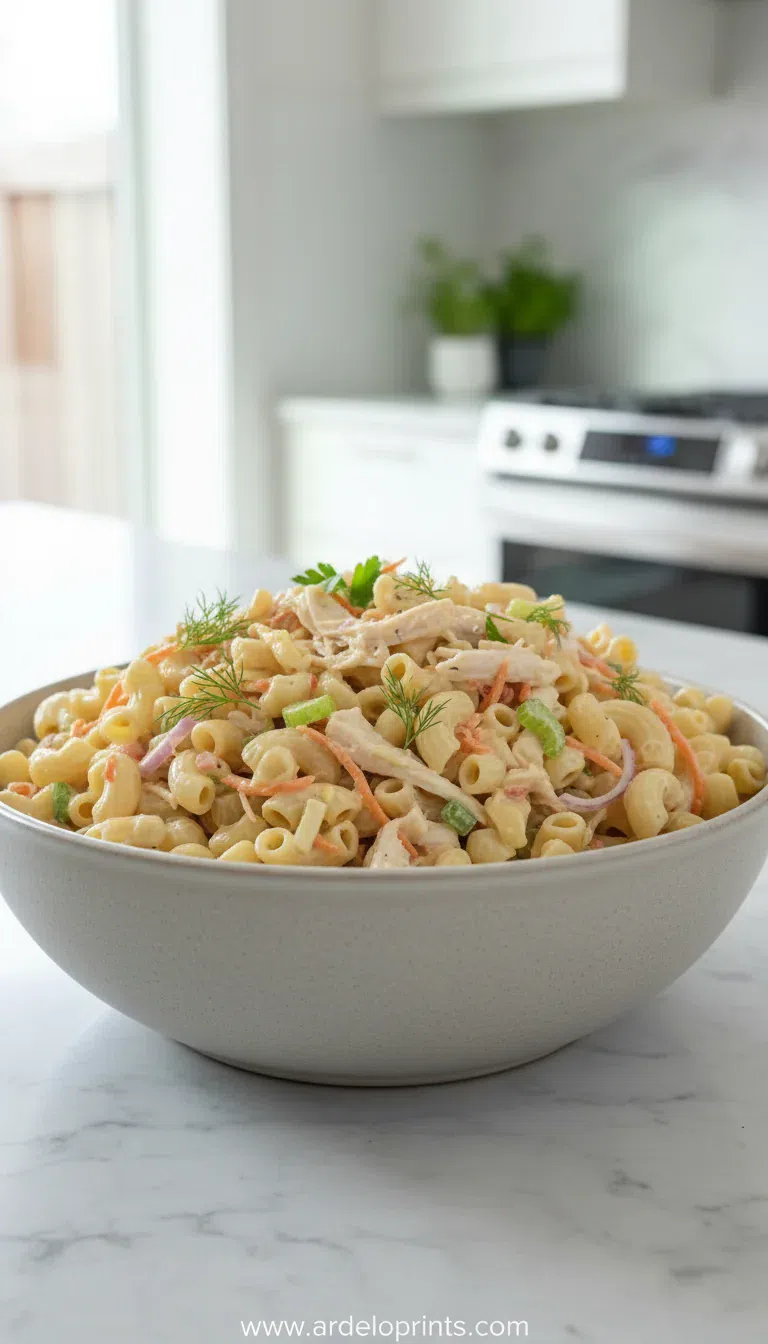 A large white bowl filled with creamy chicken pasta salad with celery and red onion.