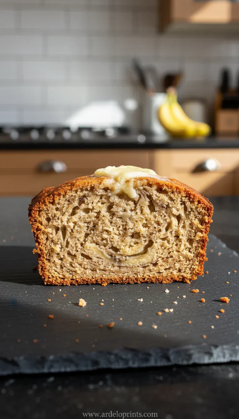 A slice of moist banana bread on a plate