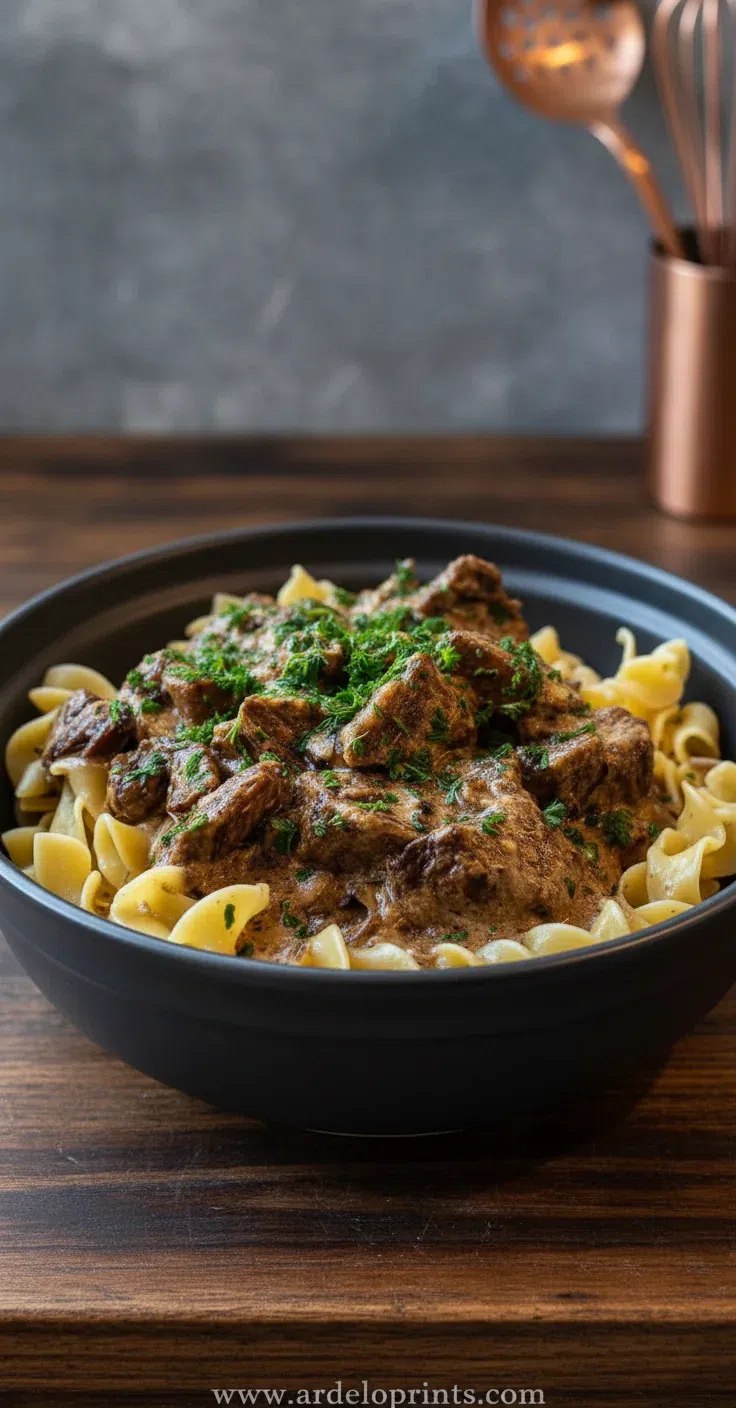 A warm bowl of crockpot beef stroganoff served over buttery egg noodles.