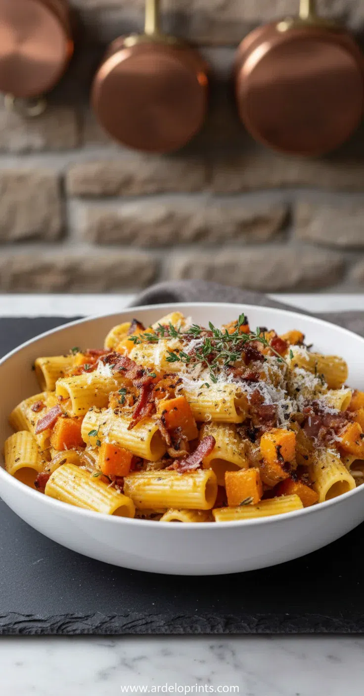 A bowl of creamy Pumpkin and Caramelized Onion Pasta garnished with fresh sage.