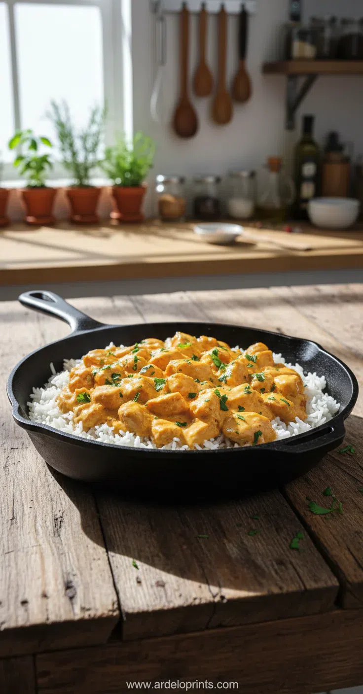 Creamy smothered chicken and rice in a cast iron skillet.