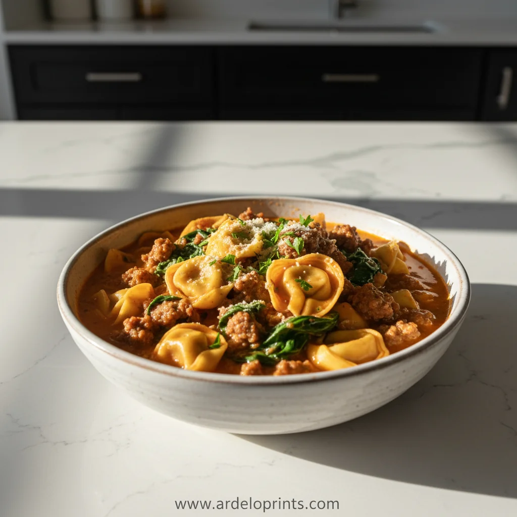 Crockpot Tortellini Soup with Beef Sausage - feature image