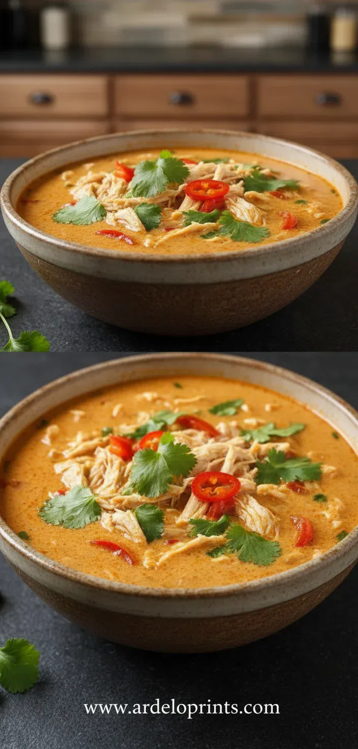 A bowl of Crockpot Thai Coconut Chicken Soup with fresh herbs