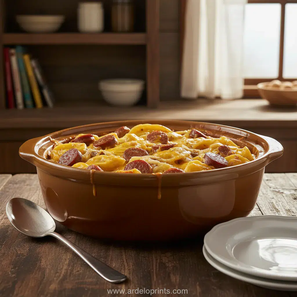 Crockpot Pierogi Casserole with Beef Sausage - final presentation