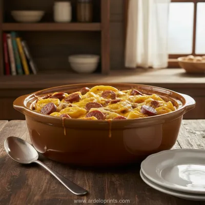 Crockpot Pierogi Casserole with Beef Sausage - ready to serve