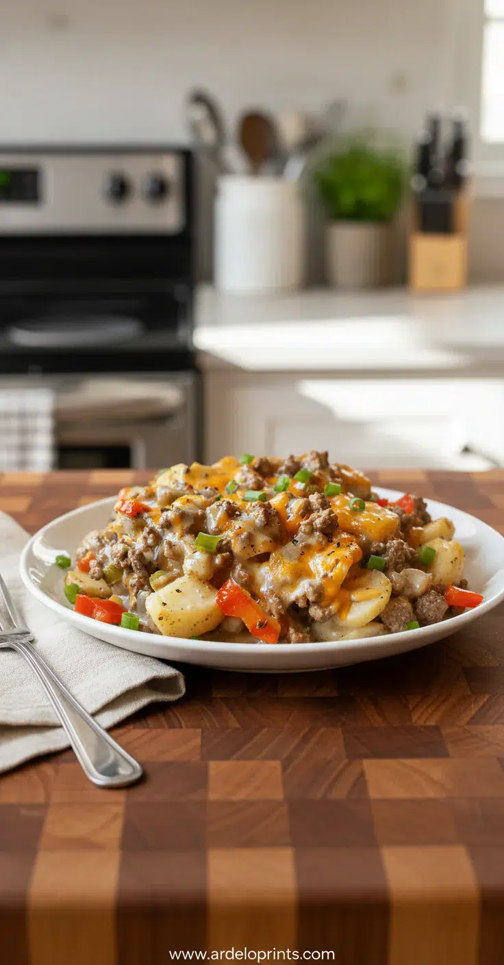 Crockpot Cheesesteak Potato Casserole - final presentation