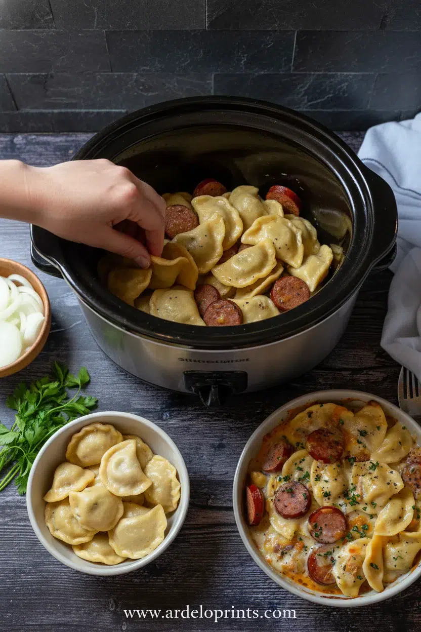 Crockpot Pierogi Casserole with Beef Sausage - cooking process