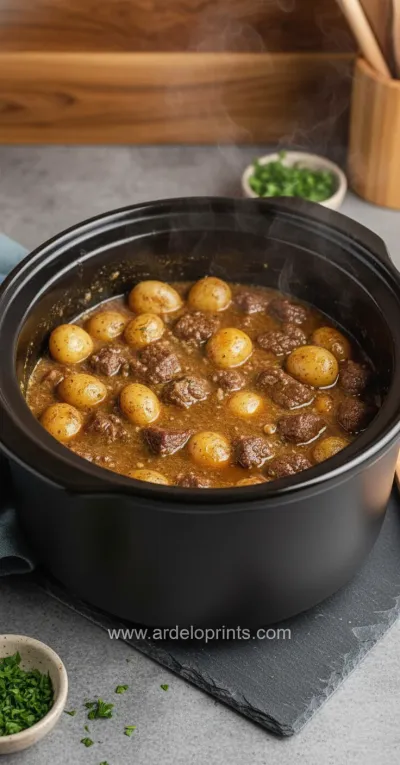 Crockpot Garlic Butter Beef Bites with Potatoes - cooking process