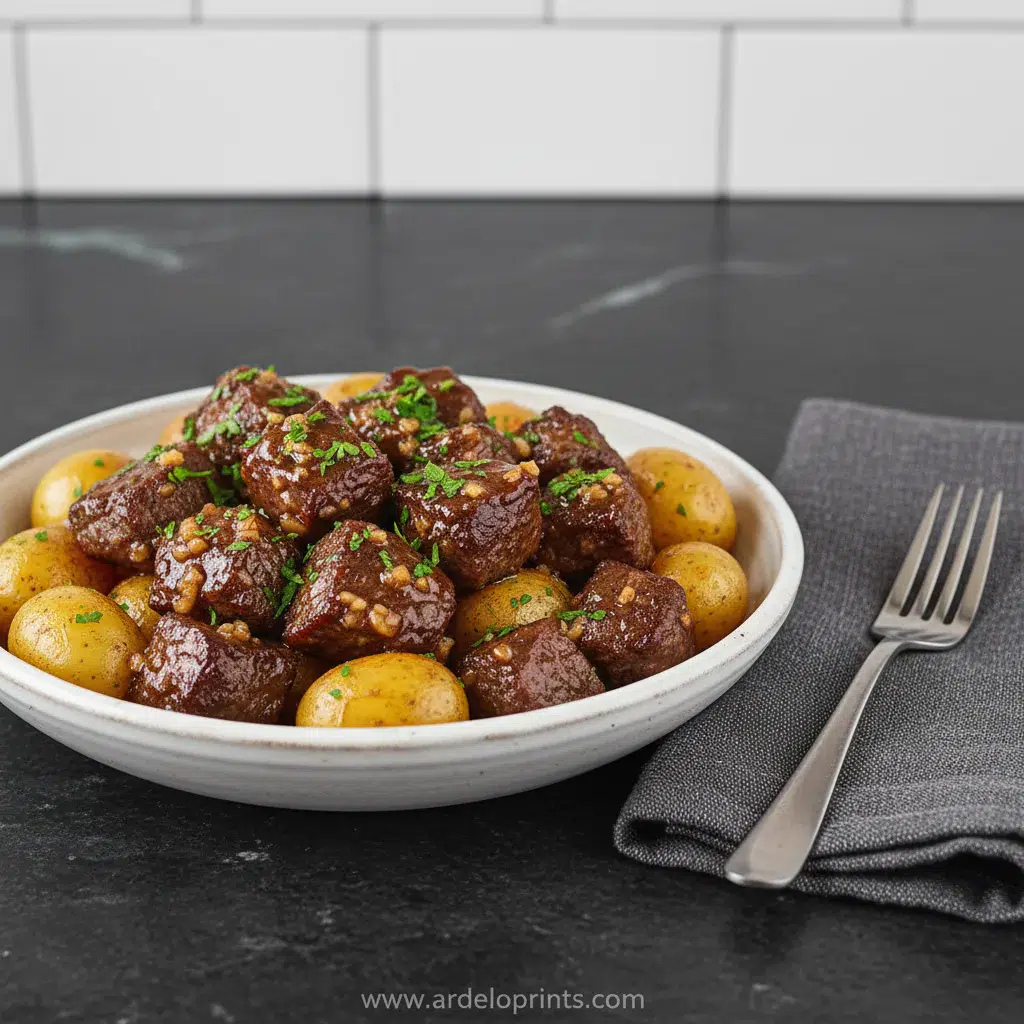 Slow Cooker Garlic Butter Beef Bites Recipe - final presentation