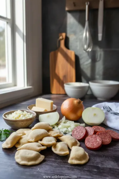 Crockpot Pierogi Casserole with Beef Sausage - ingredients preparation
