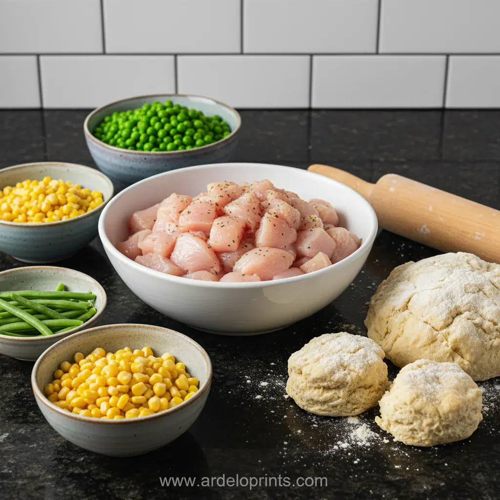 Chicken Pot Pie Casserole with Biscuits - ingredients preparation