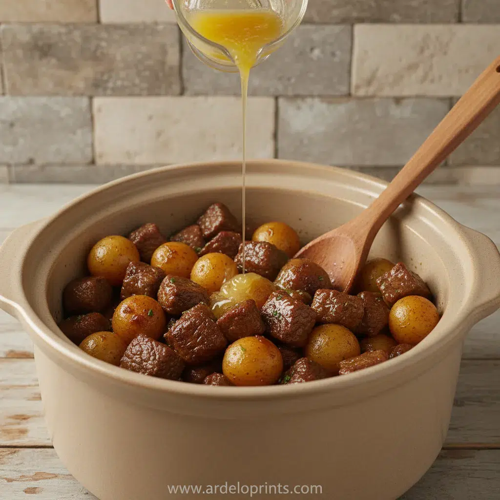 Crockpot Steak Bites and Potatoes - cooking process