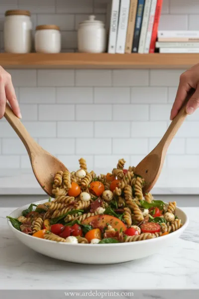 Summer Pasta Salad with Peaches, Spinach and Tomatoes - cooking process