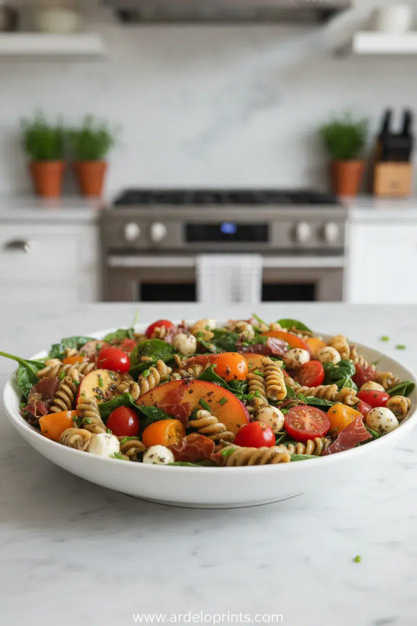 Summer Pasta Salad with Peaches, Spinach and Tomatoes - final presentation
