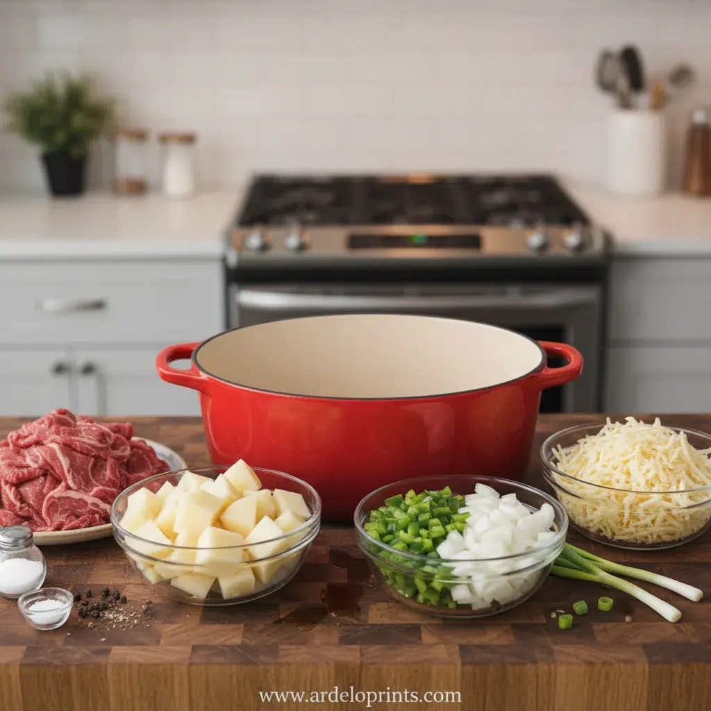 Crockpot Cheesesteak Potato Casserole - ingredients preparation