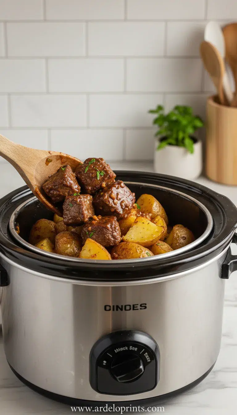 Crockpot Garlic Butter Steak Bites and Potatoes - cooking process