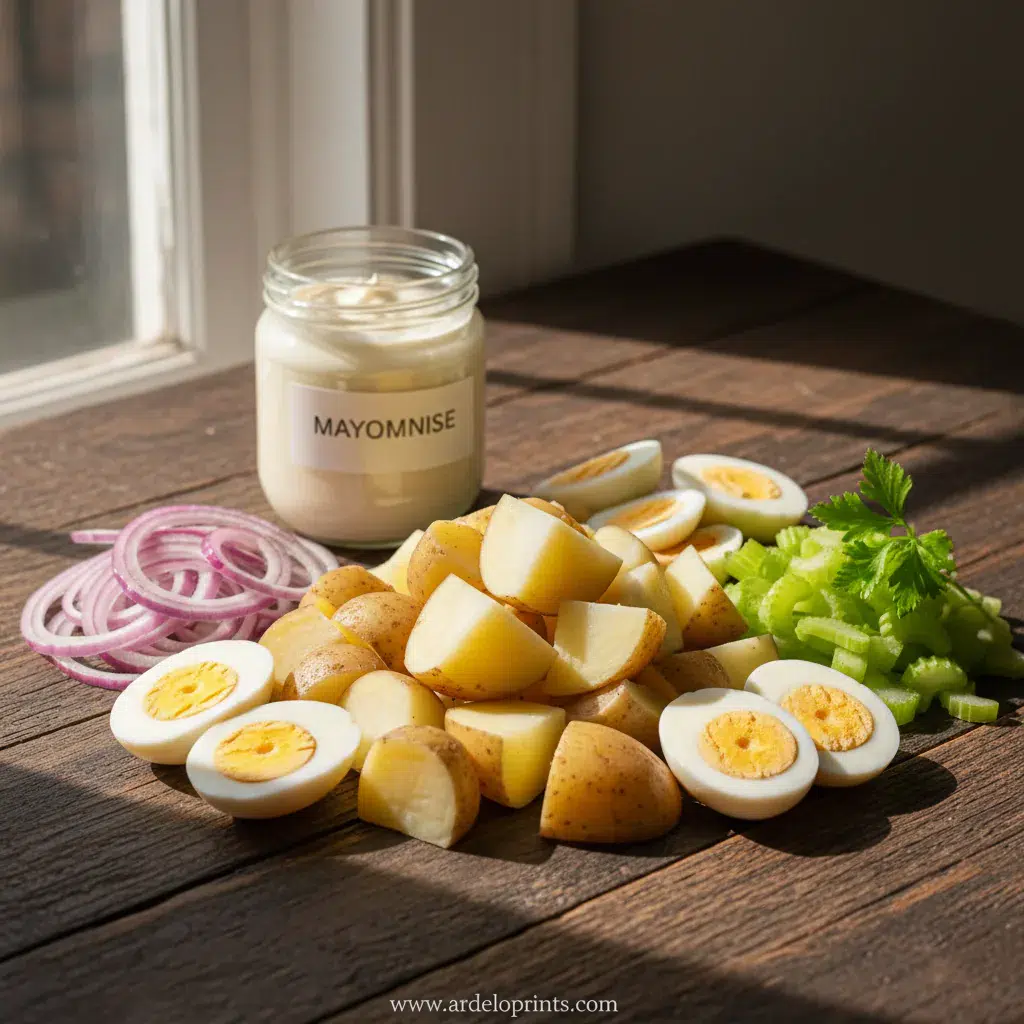 Creamy Dreamy Potluck Potato Salad - ingredients preparation