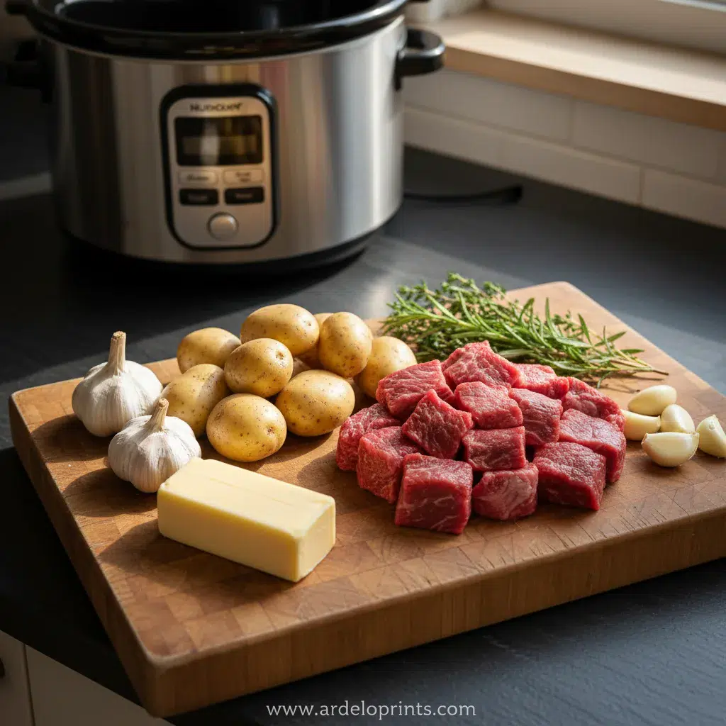 Crockpot Garlic Butter Steak Bites and Potatoes - ingredients preparation