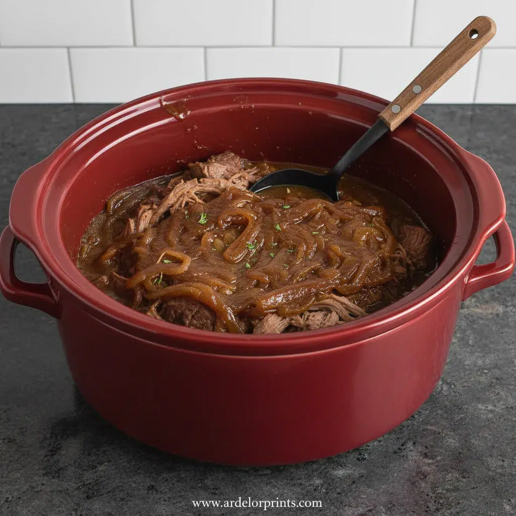 Easy Slow Cooker French Onion Roast Recipe - final presentation