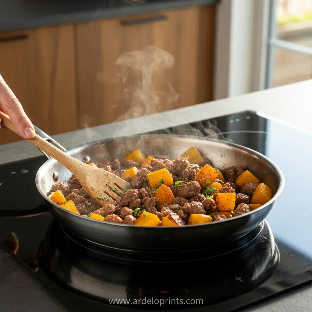 Butternut Squash Pasta with Beef Sausage - cooking process