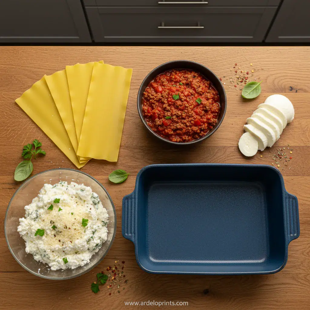 Crowd-Pleasing Cheesy Beef & Pasta Bake - ingredients preparation