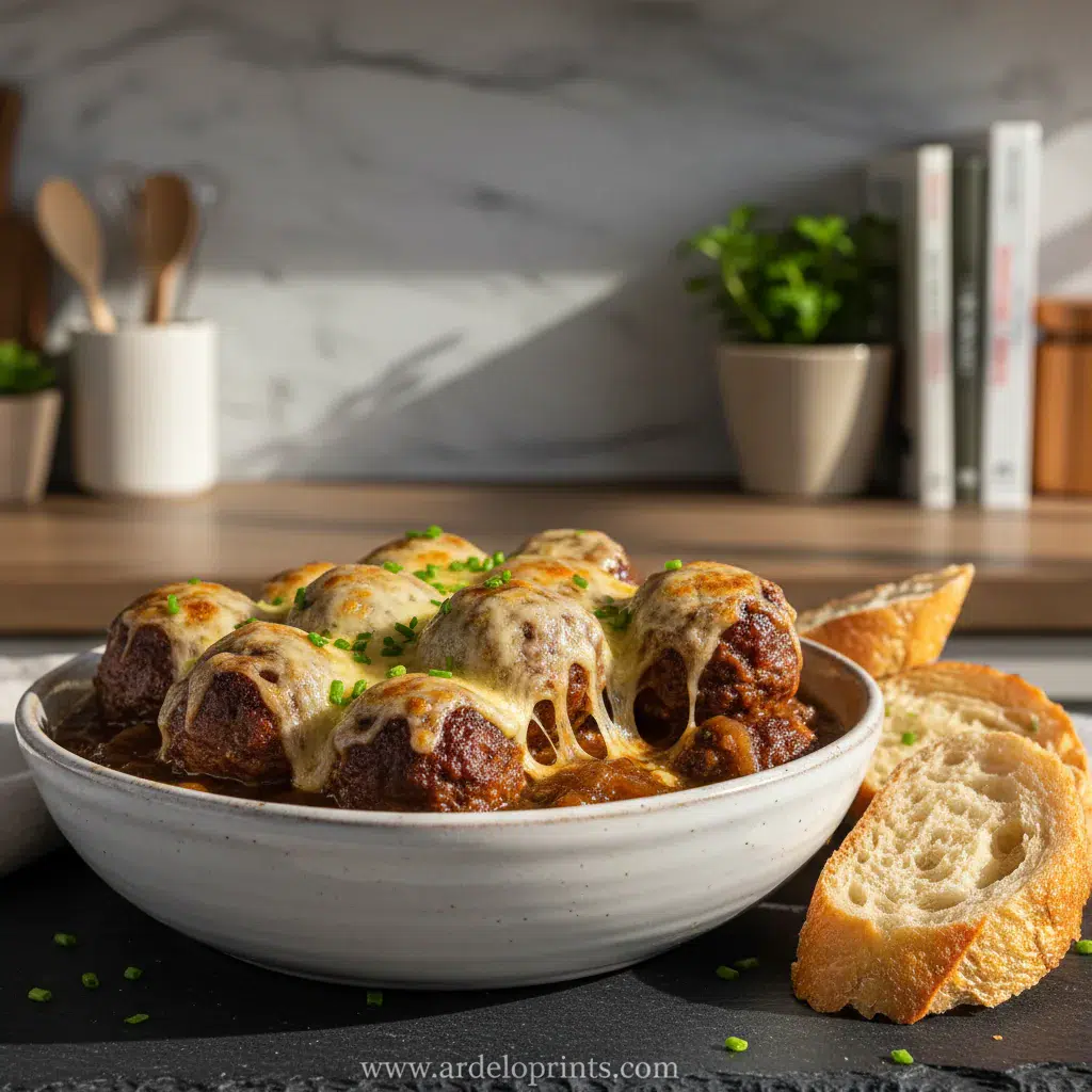 Crockpot French Onion Meatballs - final presentation