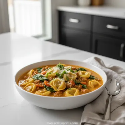 Crockpot Tortellini Soup with Beef Sausage - ready to serve